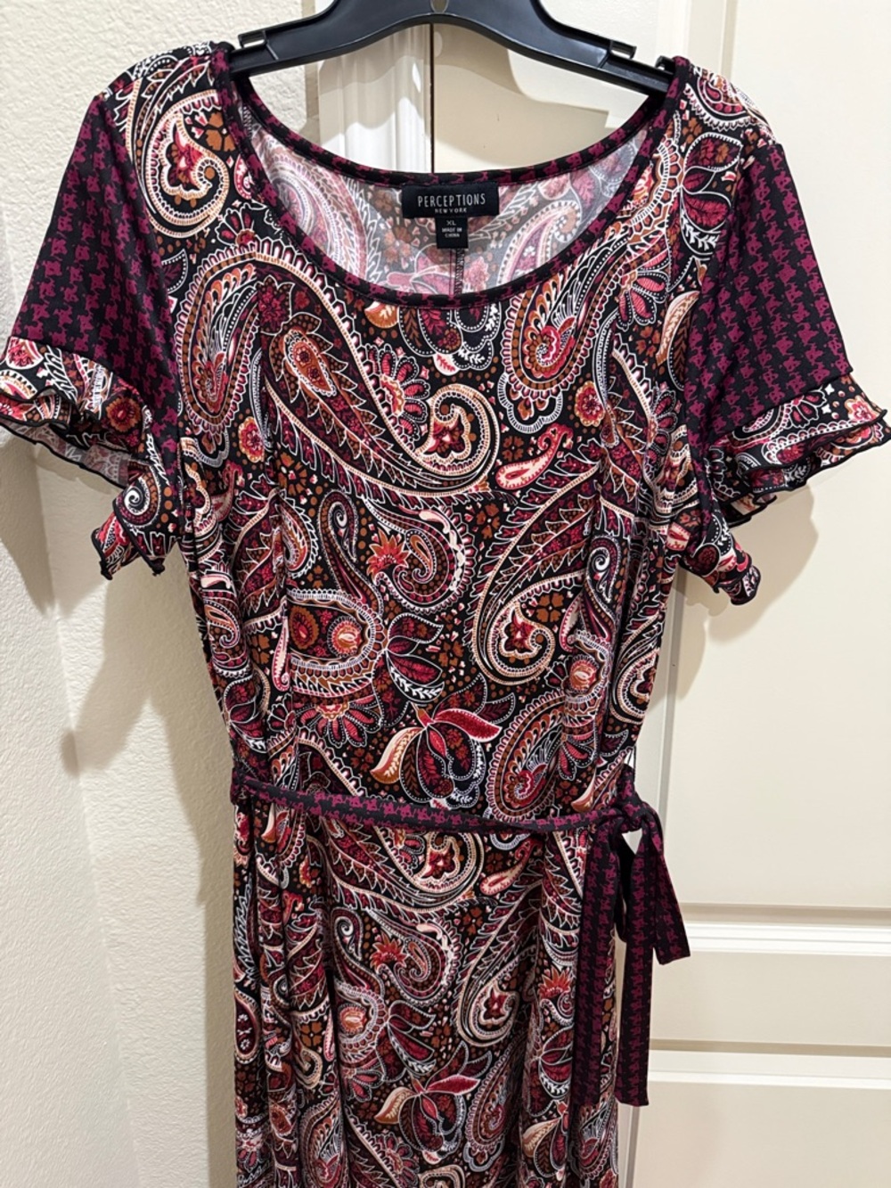 Perceptions NWOT Burgundy Paisley Midi Pullover Dress with Self-Tie Belt XL